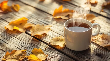 A cozy cup of steaming tea rests on a rustic wooden table surrounded by autumn leaves, perfect for a tranquil fall moment.