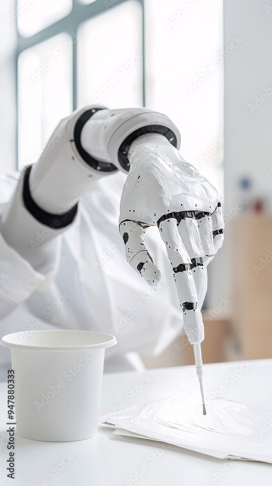 Poster a robotic arm assists in painting a digital canvas, guided by ai algorithms, in a modern workspace w