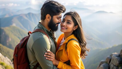 An Indian couple embracing at the summit of a challenging trail.

