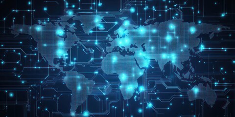 Abstract global technology background featuring a world map with illuminated circuit patterns.