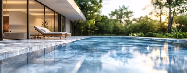 White marble tile table top with blurred background of an outdoor swimming pool and lounge chairs for product display or montage your products 