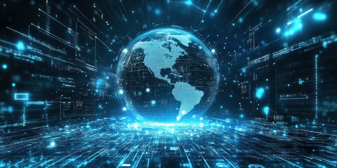 Futuristic globe with data streams and technology icons overlaying a digital grid.