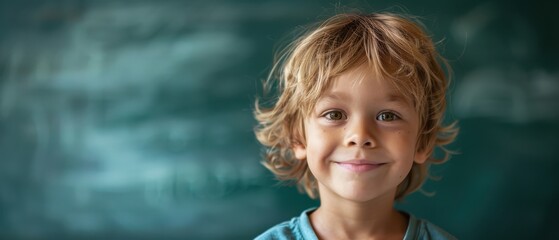 Smiling young schoolboy with curly hair in a classroom, standing in front of a chalkboard. Free copy space for text.