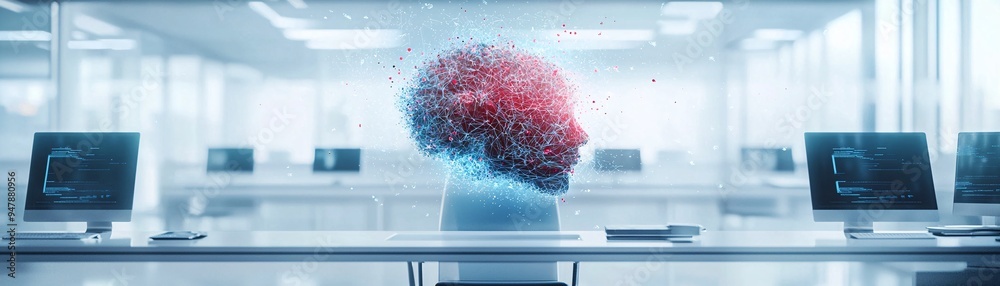 Poster an ai-powered digital canvas displays an evolving piece of art in a high-tech workspace, with space 