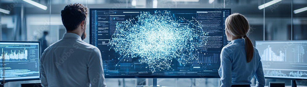 Wall mural an ai-powered digital canvas displays an evolving piece of art in a high-tech workspace, with space 