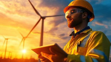 A worker in a safety helmet and glasses examines data at a wind farm during sunset, showcasing renewable energy and technology.