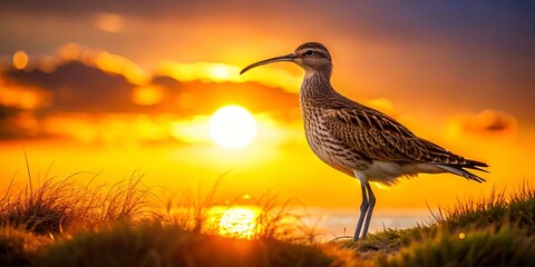 Stunning sunrise shot; Whimbrel's silhouette, head tilted, beak pointing horizon, feathers ruffled, iridescent wings glisten amidst warm golden light, tranquility personified.