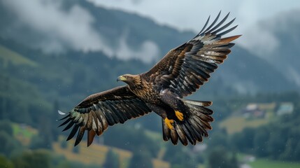 Obraz premium A golden eagle glides effortlessly through the cool morning air, its expansive wings displaying intricate feather patterns against a backdrop of lush green hills and misty peaks