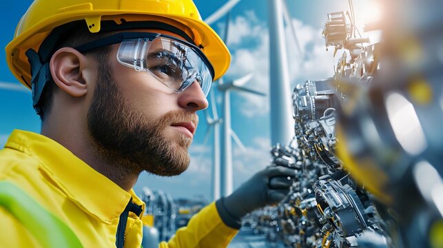 A focused engineer observes machinery during maintenance at a wind turbine site, highlighting renewable energy innovation.