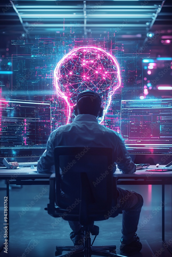 Poster a modern studio where ai tools assist in creating a vibrant piece of digital art, with icons of neur