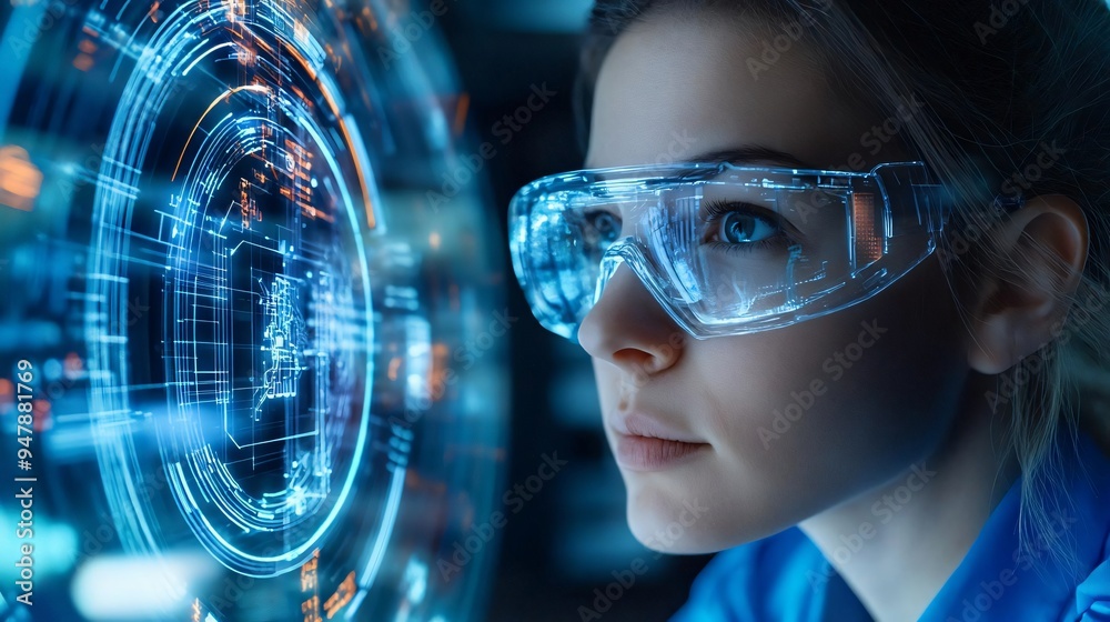Poster a focused woman using advanced technology with smart glasses, exploring high-tech data and digital i
