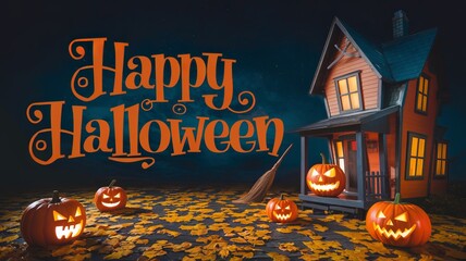 A spooky Halloween greeting with a haunted house, jack-o-lanterns, and a broom in front of a dark, autumnal background..