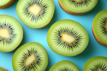 Fototapeta premium Fresh kiwis on a soft pastel blue backdrop,