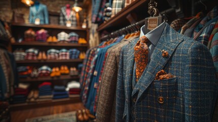 Naklejka premium A beautifully arranged boutique features a stunning collection of tailored suits and stylish accessories, creating a warm and inviting atmosphere for fashion enthusiasts