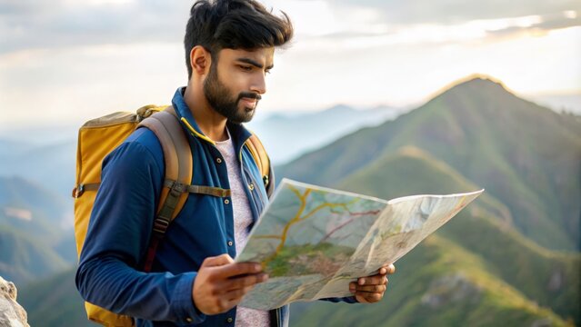 An Indian hiker studying a map while standing on a mountain summit.
