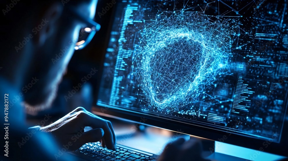 Poster a person analyzing digital data on a futuristic computer screen, showcasing complex networks and adv
