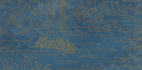 Asian, Chinese, Japanese style landscape ink wash painting, mountain, waters, rivers, Chinese brush drawing, Garden scenery