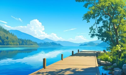 Tranquil Lakeside Path with Majestic Mountain Backdrop: Vibrant Anime-Style Vector Illustration for Serene Winter Wallpaper. AI-Generated 4K Graphic Design Template with Minimalist Composition and Ele