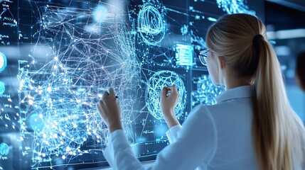 A scientist interacts with a futuristic holographic interface, analyzing complex data and visualizations in a high-tech environment.