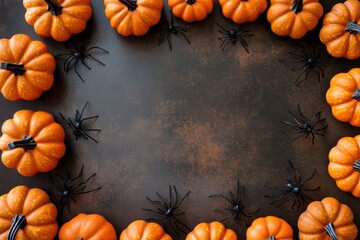 A minimalist Halloween setup featuring small orange pumpkins and black spiders arranged on a textured rusty background