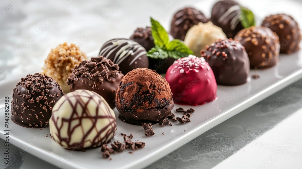 Poster a variety of chocolate truffles arranged artfully on a white plate, with different flavors and toppi