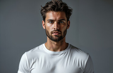 Obraz premium Portrait of a handsome young man in a white t-shirt.