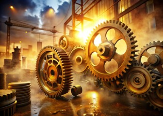 Syncing diverse machinery cogs amidst misty industrial backdrop, warm golden tones evoke harmony, precision, and seamless integration, with shallow depth of field highlighting unity.