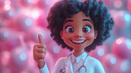 3d rendering black woman doctor shows thumb up like gesture therapist cartoon character healthcare professional isolate3d on pink backgroun3d medical illustration