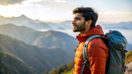 Naklejka premium An Indian hiker enjoying a panoramic mountain view from a hiking trail. 