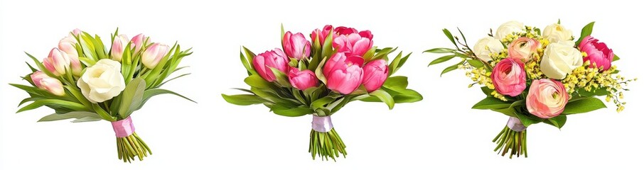 Fototapeta premium On a transparent background, colorful spring flowers are arranged in a bouquet or arrangement.