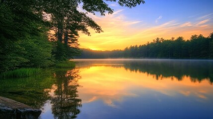 Peaceful Sunrise Over a Misty Lake