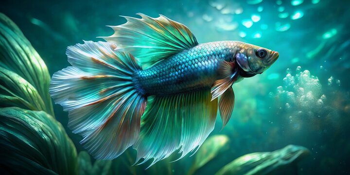 The Featherfin Squeaker's wispy fins and iridescent scales are captured in intimate detail, suspended amidst a swirling vortex of colors, with sunlight imbuing the scene with an aura of mystery.