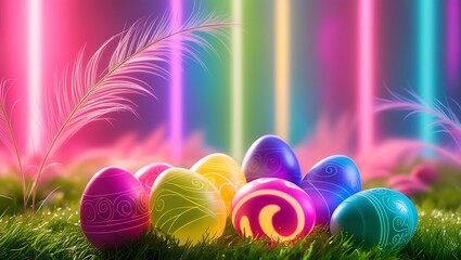 Happy Easter greeting card; Colored eggs  color background copyspace