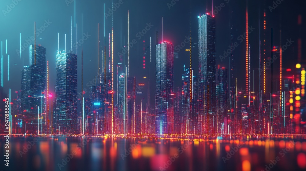 Aufkleber a vibrant city skyline with glowing lines representing data flow and network connections, illustrati