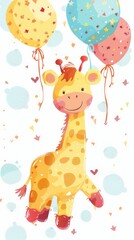 Obraz premium Cute giraffe holding colorful balloons.