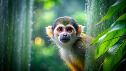 Obraz premium The silky squirrel monkey, hidden behind the misty waterfall, reveals its glowing fur amidst lush leaves, its curious eyes peeking out