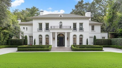Obraz premium Elegant and Stately Neoclassical-Style Mansion Surrounded by Lush Greenery