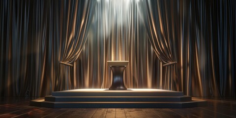 a vacant graduation stage featuring simple, elegant drapes and a podium in the center.