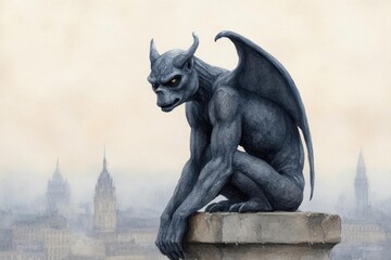 Fototapeta premium Gargoyle statue, rain-soaked stone, cityscape background, Watercolor style