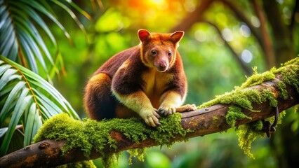 Obraz premium The tree kangaroo blends into the rainforest canopy as its prehensile tail wraps around a branch, its striking fur camouflaged by soft light.