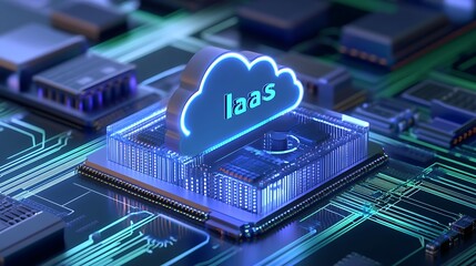 3D illustration of a cloud computing concept with 'IaaS' text, depicting Infrastructure as a Service on a futuristic digital circuit board.