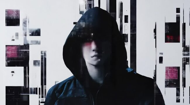 A minimalist stencil print of a futuristic female hacker in a hooded sci-fi setting with a glitchy risograph effect, flickering statics add to the mystery of the computer genius girl.