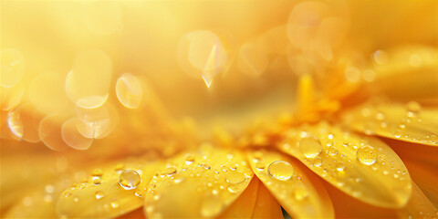 Droplets of water on yellow flower petal in close up, version 2