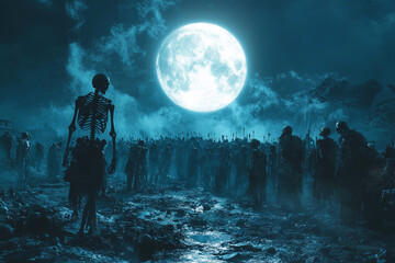 Obraz premium Skeleton Army Under the Full Moon: A Dark Fantasy Illustration