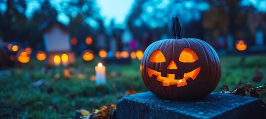 Obraz premium Halloween Jack o Lantern with Carved Face, Candlelight, and Blurred Pumpkins Background at Twilight