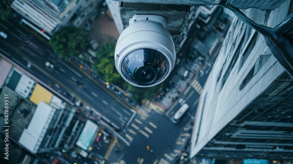 Poster A wide-angle view of a CCTV camera installed on a building corner, overlooking an urban area, emphasizing its role in monitoring public spaces.
