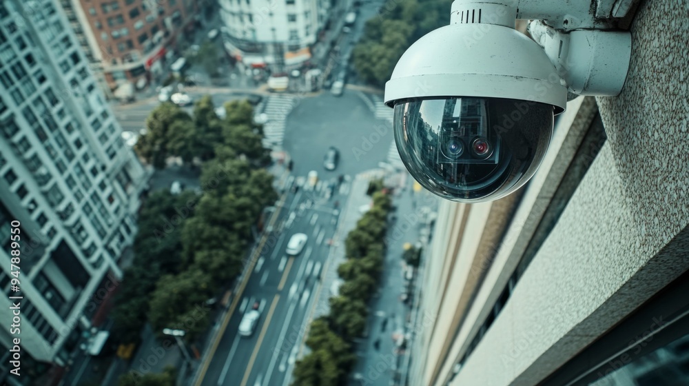 Poster A wide-angle view of a CCTV camera installed on a building corner, overlooking an urban area, emphasizing its role in monitoring public spaces.