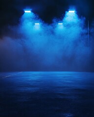 Dark empty street, dark blue background, empty dark stage, neon light, spotlights. An asphalt floor and a studio room with smoke float into the interior.