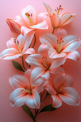 Floating lily petals arranged in a geometric pattern on a pastel pink canvas,