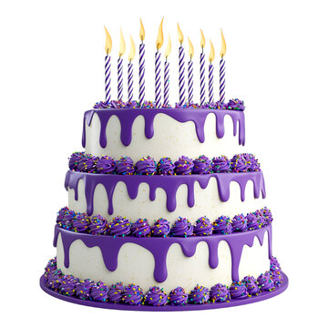 three tiered white birthday cake with purple dripping icing and decorative topped with lit candles isolated on png transparent background
